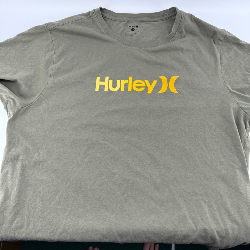 Hurley T Shirt Mens XL Short Sleeve Crew Neck Khaki Yellow Logo Graphic Tee